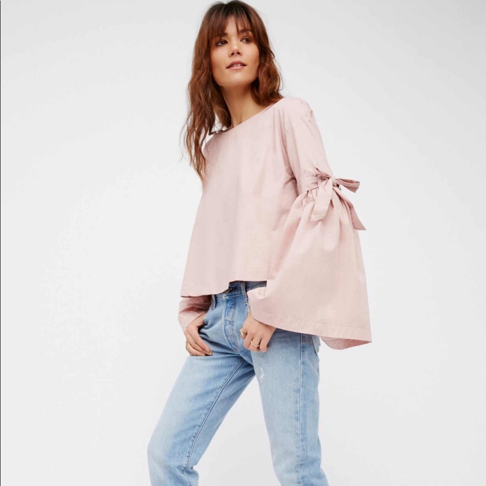 Free People 100% Cotton So Obviously Yours Mauve Poplin Bell Sleeve Blouse XS